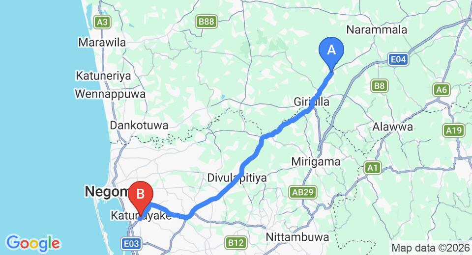 Driving route map: Dambadeniya to Colombo Airport (CMB) (43 km, approx 1 h 13 min private transfer)