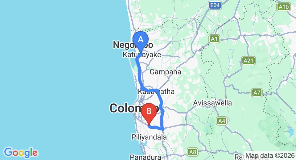Driving route map: Colombo Airport (CMB) to Maharagama (57 km, approx 1 h 4 min private transfer)