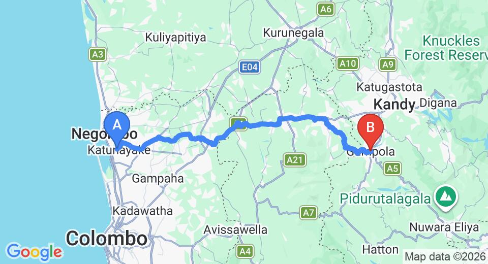 Driving route map: Colombo Airport (CMB) to Gampola (105 km, approx 3 h 8 min private transfer)