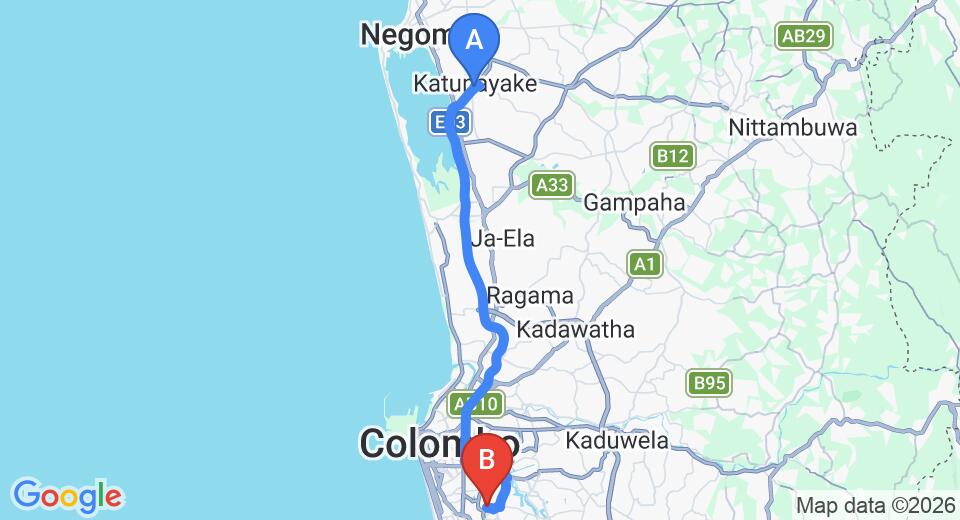 Driving route map: Colombo Airport (CMB) to GEO7 Apartments by Garton's Group, Nugegoda (40 km, approx 57 min private transfer)