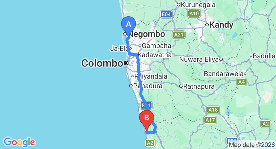 Driving route map: Colombo Airport (CMB) to Araliya Villa, Balapitiya (129 km, approx 1 h 57 min private transfer)