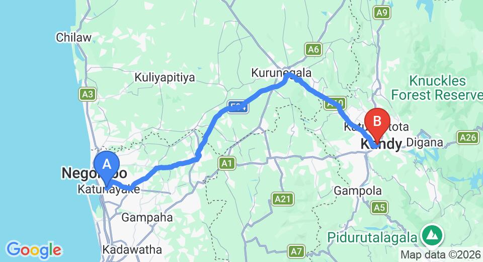 Driving route map: Colombo Airport (CMB) to Tamarind Tree Inn, Kandy (112 km, approx 2 h 46 min private transfer)