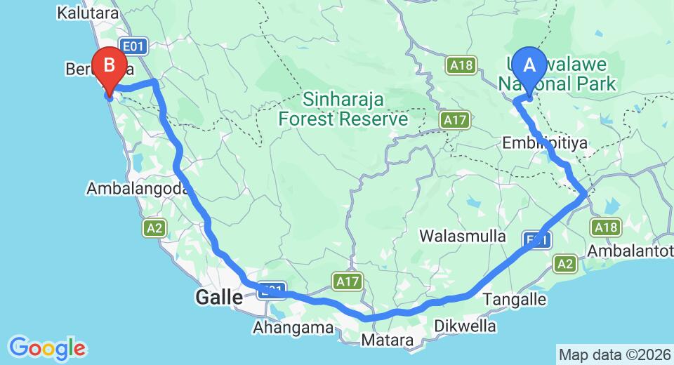 Driving route map: Udawalawe to Bentota (177 km, approx 2 h 42 min private transfer)