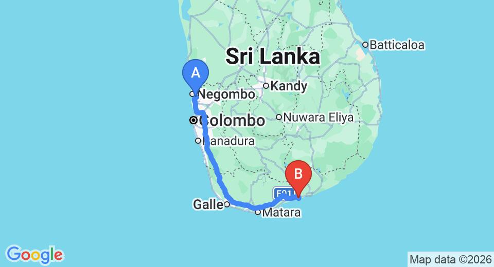 Driving route map: Colombo Airport (CMB) to Ussangoda (235 km, approx 3 h 14 min private transfer)
