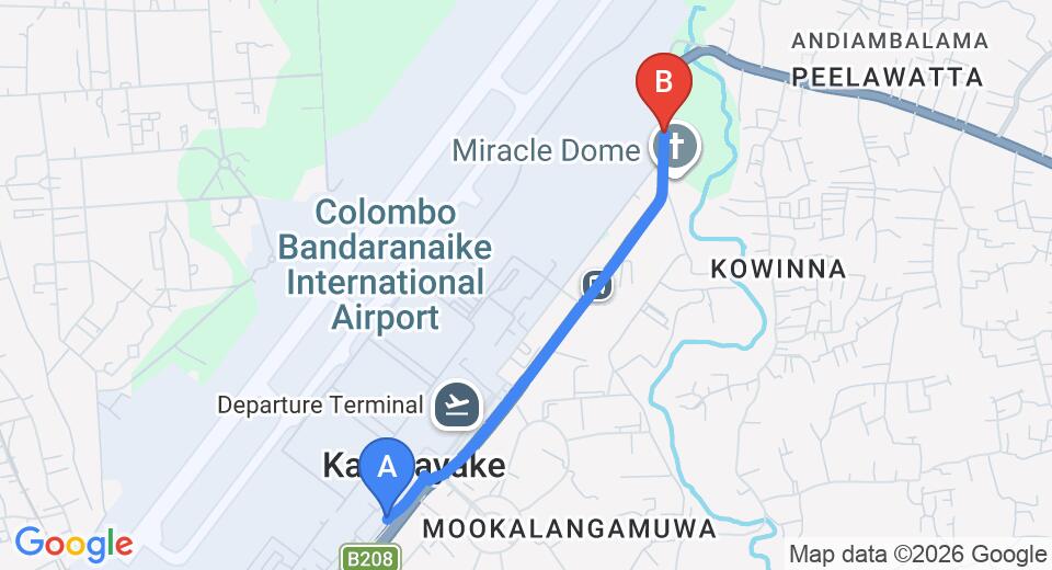 Driving route map: Colombo Airport (CMB) to Otha Shy Airport Hotel, Katunayake (2 km, approx 6 min private transfer)