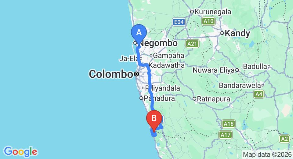 Driving route map: Colombo Airport (CMB) to Minnehaha, Bentota (118 km, approx 2 h 1 min private transfer)