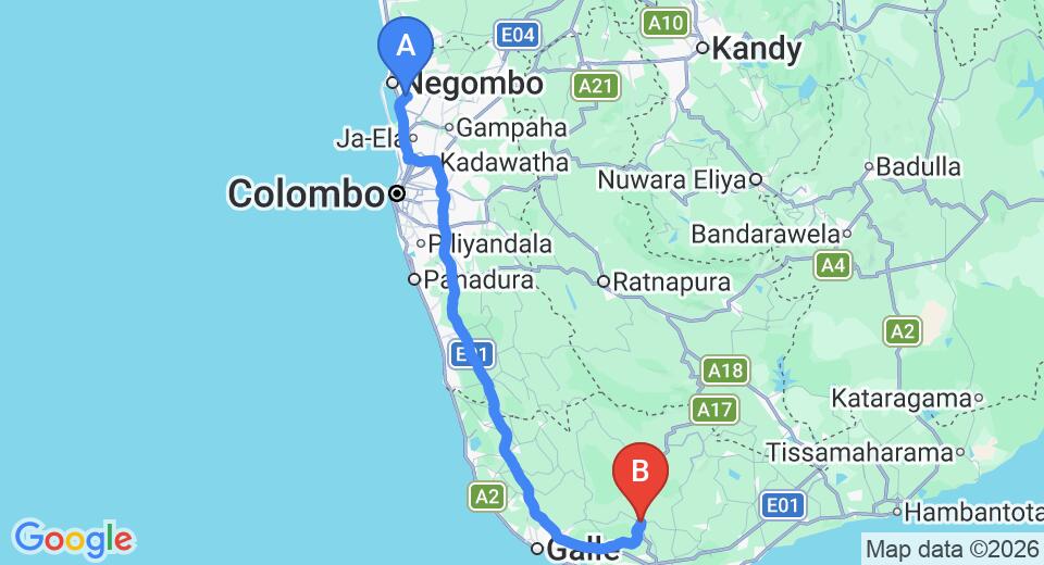 Driving route map: Colombo Airport (CMB) to Akuressa (176 km, approx 2 h 34 min private transfer)