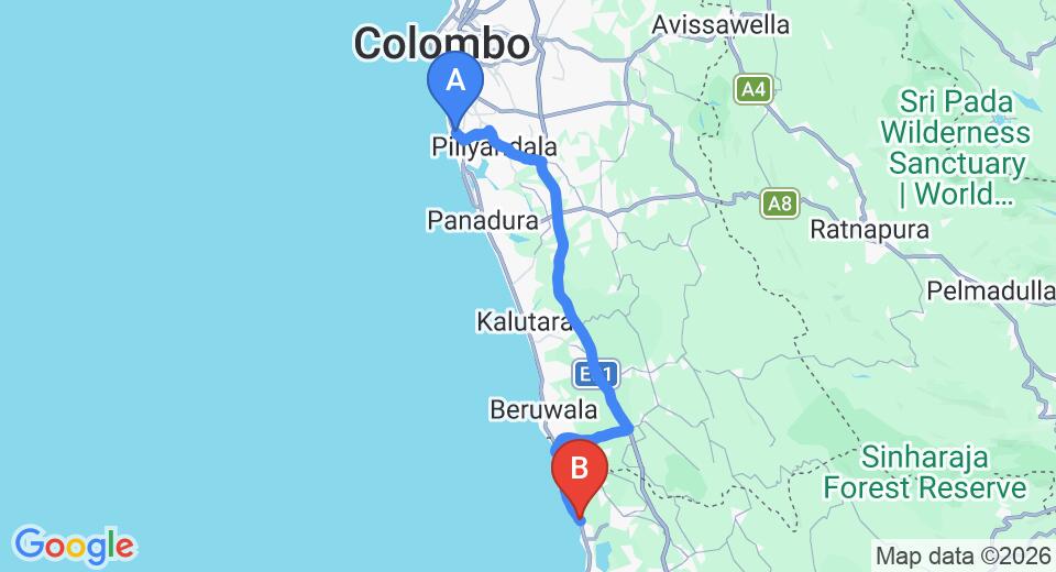 Driving route map: Ratmalana (RML) Airport to Kosgoda (78 km, approx 1 h 35 min private transfer)