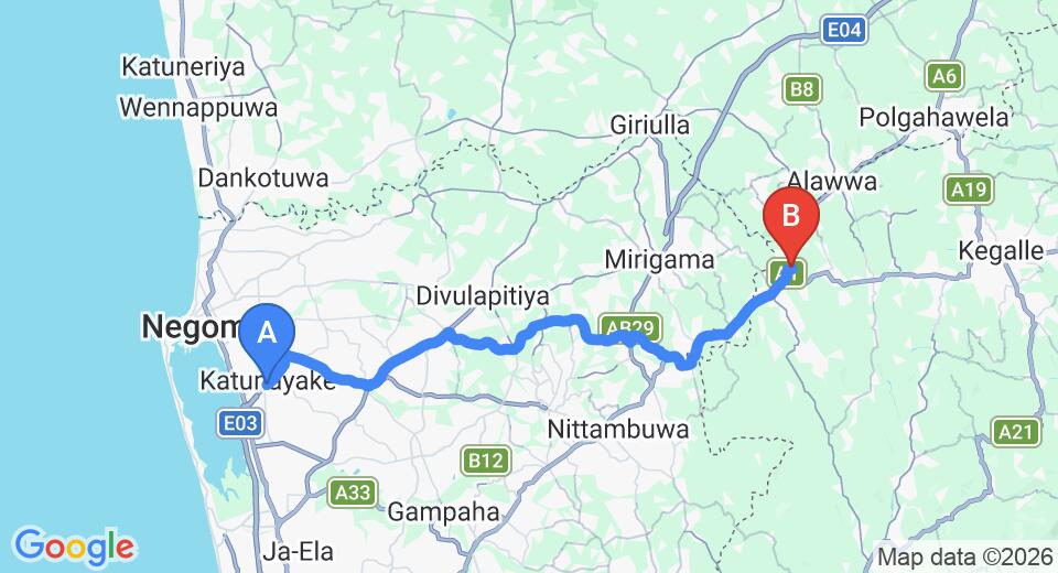Driving route map: Colombo Airport (CMB) to Ambepussa (47 km, approx 1 h 23 min private transfer)