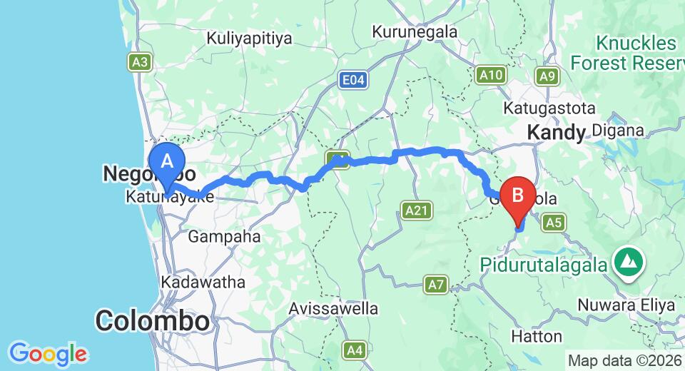 Driving route map: Colombo Airport (CMB) to Ulapane (112 km, approx 3 h 20 min private transfer)