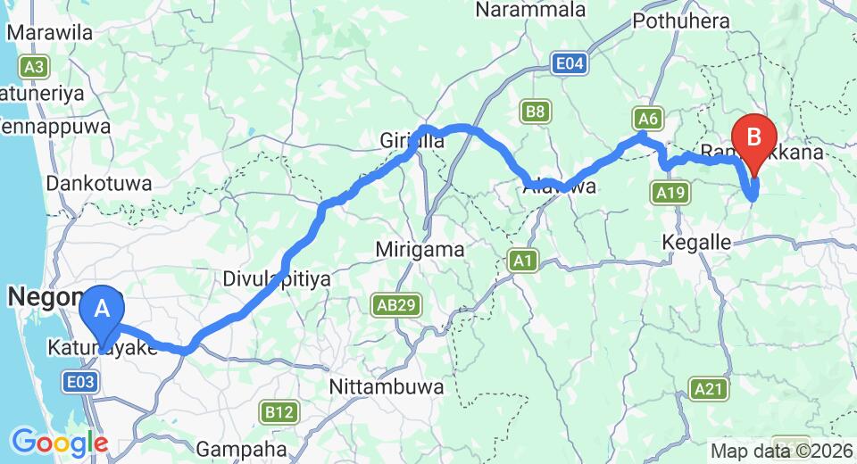 Driving route map: Colombo Airport (CMB) to Far Pavilion, Pinnawala (78 km, approx 2 h 6 min private transfer)