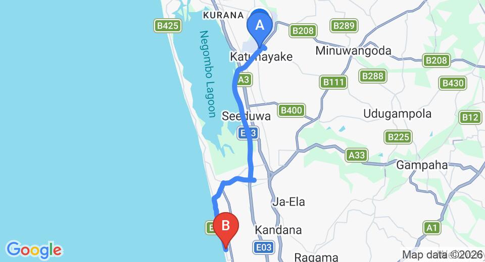 Driving route map: Colombo Airport (CMB) to Palm Village Hotel, Wattala (20 km, approx 30 min private transfer)