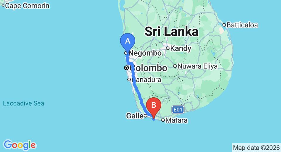 Driving route map: Colombo Airport (CMB) to Lassana Kanda, Ahangama (166 km, approx 2 h 24 min private transfer)