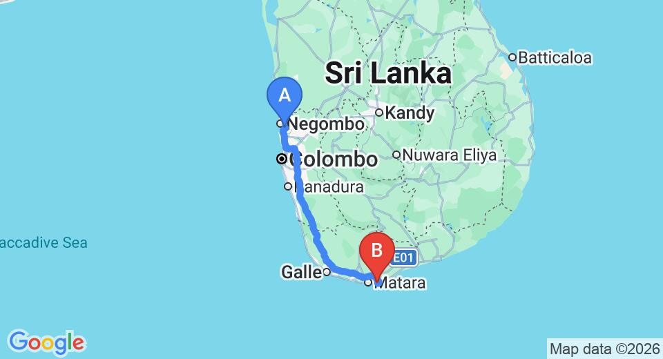 Driving route map: Colombo Airport (CMB) to Secret Bay Hotel, Talalla (197 km, approx 2 h 47 min private transfer)