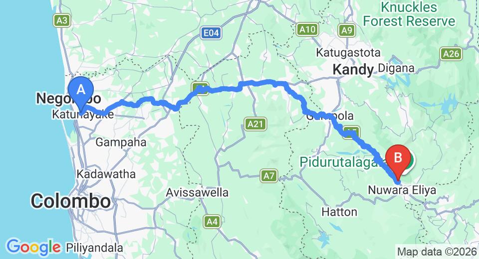 Driving route map: Colombo Airport (CMB) to Hillview Holiday Home, Nuwara Eliya (157 km, approx 4 h 51 min private transfer)
