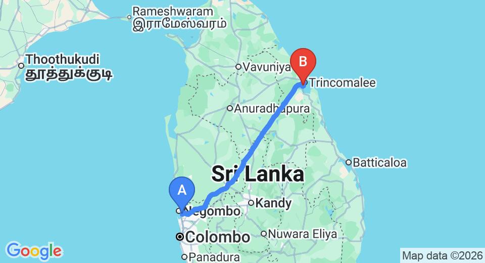 Driving route map: Colombo Airport (CMB) to Sober Island Resort, Trincomalee (242 km, approx 4 h 56 min private transfer)