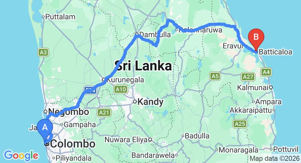 Driving route map: Colombo Seaport to Batticaloa (325 km, approx 6 h 36 min private transfer)