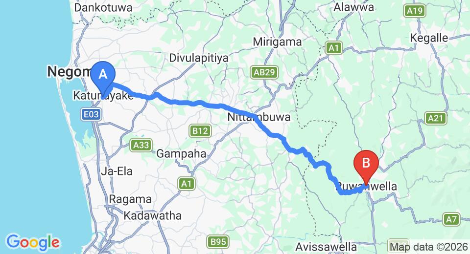 Driving route map: Colombo Airport (CMB) to Ruwanwella (54 km, approx 1 h 38 min private transfer)