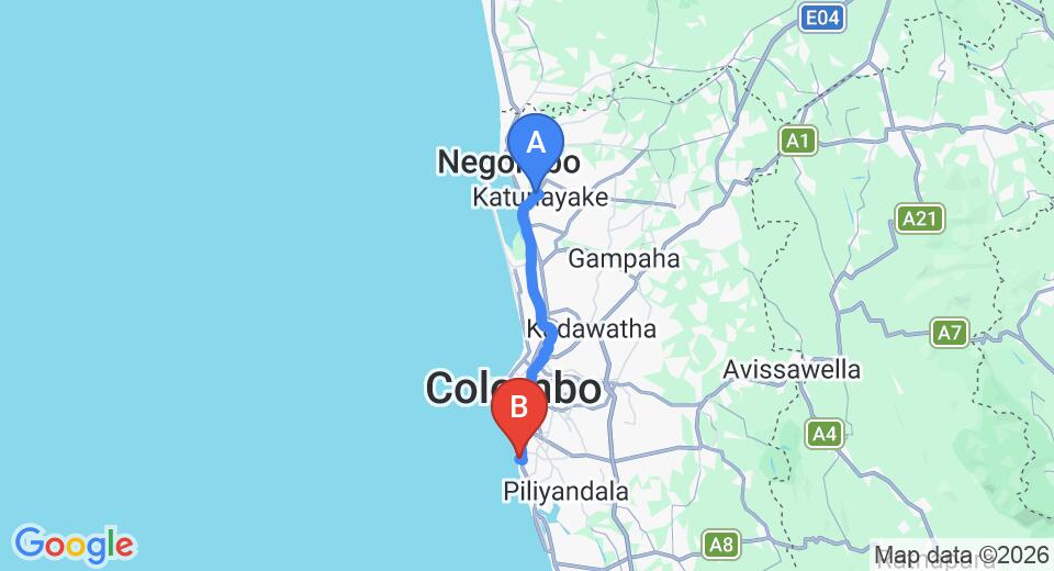 Driving route map: Colombo Airport (CMB) to Haus Chandra Hotel, Mount Lavinia (42 km, approx 1 h 9 min private transfer)