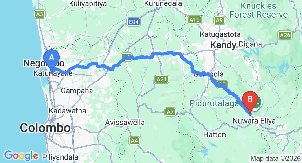 Driving route map: Colombo Airport (CMB) to Luxe Wilderness, Nuwara Eliya (155 km, approx 4 h 46 min private transfer)