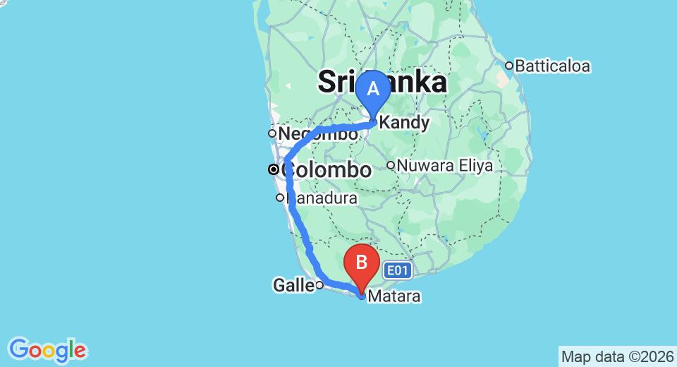 Driving route map: Kandy to Matara (252 km, approx 4 h 58 min private transfer)