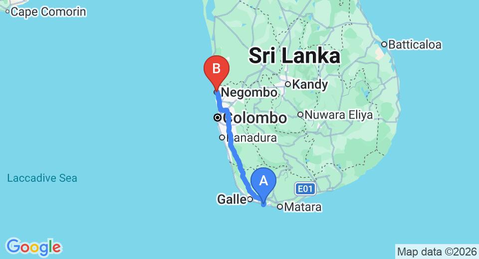 Driving route map: Ahangama to Negombo (167 km, approx 2 h 23 min private transfer)