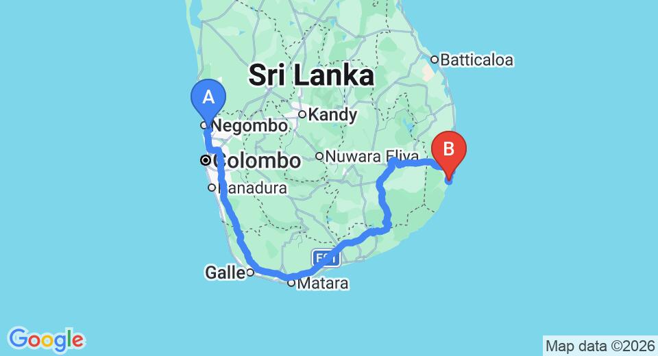 Driving route map: Colombo Airport (CMB) to Panama (431 km, approx 6 h 44 min private transfer)