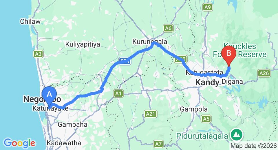 Driving route map: Colombo Airport (CMB) to The Kandy Samadhi Center, Kandy (129 km, approx 3 h 22 min private transfer)