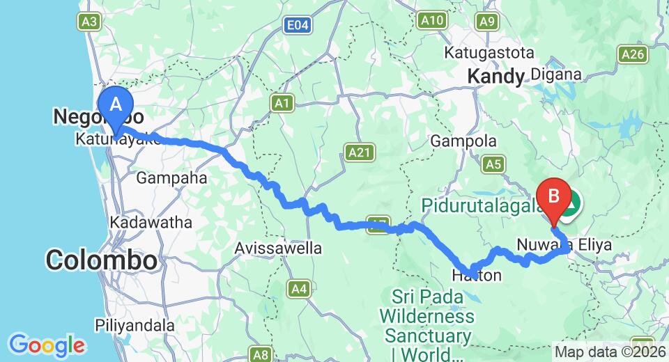 Driving route map: Colombo Airport (CMB) to Forest View Lodge, Nuwara Eliya (158 km, approx 4 h 54 min private transfer)