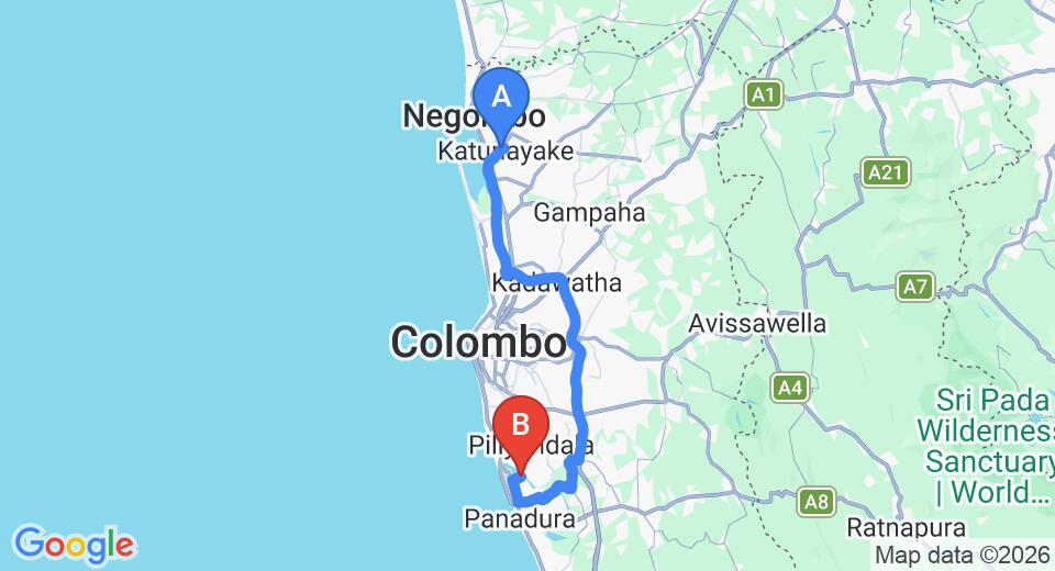 Driving route map: Colombo Airport (CMB) to Aqua Pearl Lake Resort, Moratuwa (74 km, approx 1 h 31 min private transfer)