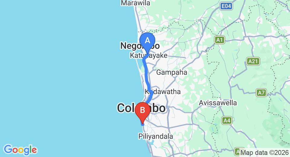 Driving route map: Colombo Airport (CMB) to Dehiwala (41 km, approx 1 h 1 min private transfer)