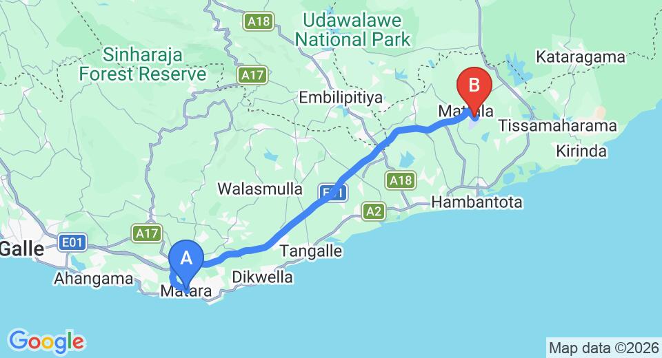 Driving route map: Matara to Mattala (HRI) Airport (88 km, approx 1 h 15 min private transfer)