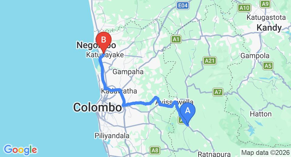 Driving route map: Eheliyagoda to Colombo Airport (CMB) (83 km, approx 1 h 57 min private transfer)