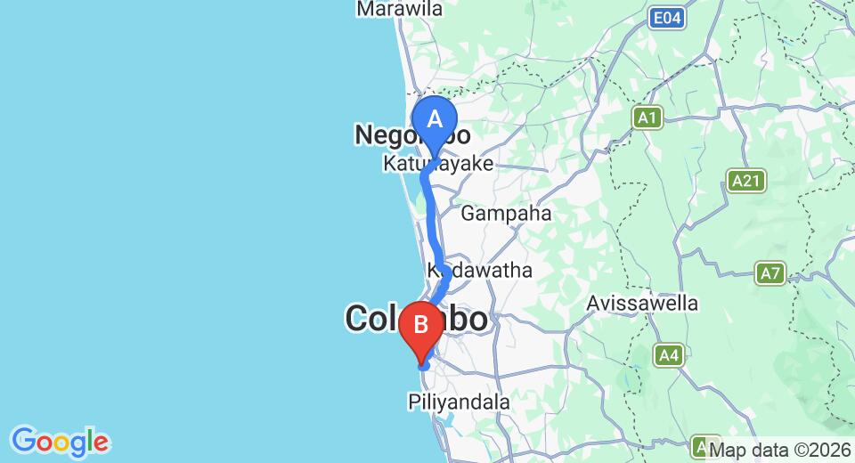 Driving route map: Colombo Airport (CMB) to Vesta Village, Dehiwala (41 km, approx 1 h 5 min private transfer)