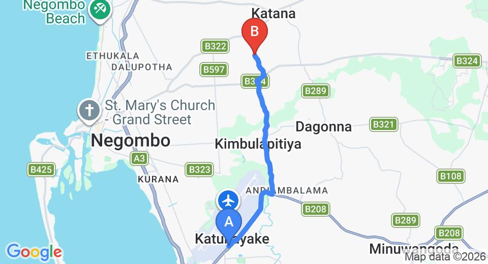 Driving route map: Colombo Airport (CMB) to Yoho Sarana Mawatha, Negombo (8 km, approx 19 min private transfer)