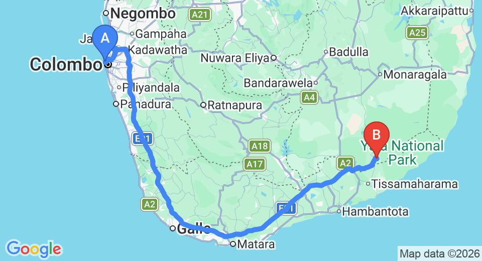 Driving route map: Colombo Seaport to Kataragama (279 km, approx 3 h 41 min private transfer)