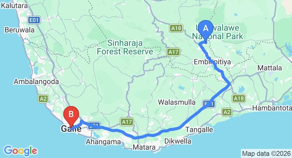 Driving route map: Udawalawe to Galle (123 km, approx 2 h 2 min private transfer)