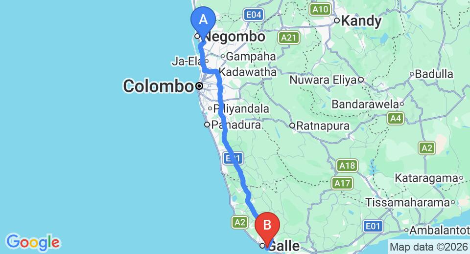 Driving route map: Colombo Airport (CMB) to Buona Vista Heights, Unawatuna (151 km, approx 2 h 7 min private transfer)