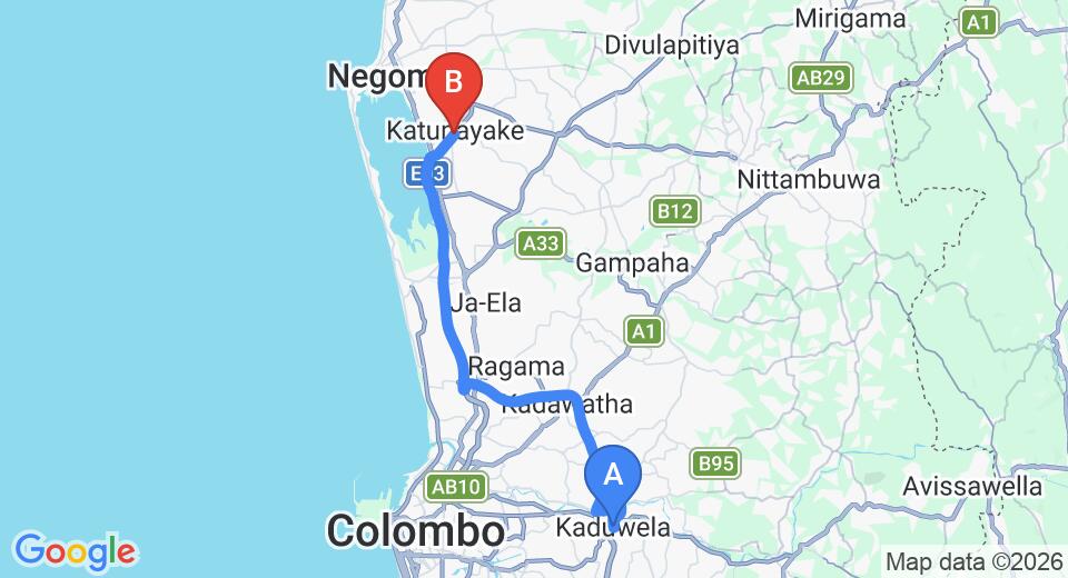 Driving route map: Kaduwela to Colombo Airport (CMB) (39 km, approx 39 min private transfer)