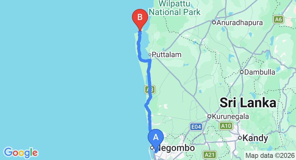 Driving route map: Colombo Airport (CMB) to De Silva Palm Resort, Kalpitiya (139 km, approx 3 h 15 min private transfer)