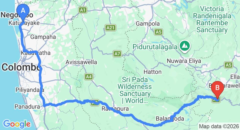 Driving route map: Colombo Airport (CMB) to The Romance Valley, Haputale (209 km, approx 5 h 0 min private transfer)