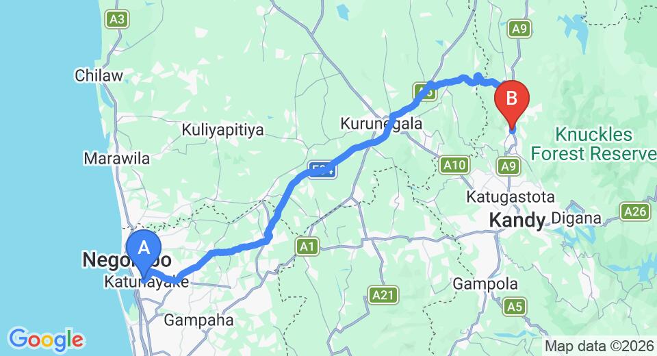 Driving route map: Colombo Airport (CMB) to IBIS Lodge, Matale (123 km, approx 2 h 53 min private transfer)