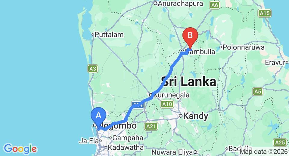 Driving route map: Colombo Airport (CMB) to Amuna Ayurveda Retreat , Sigiriya (141 km, approx 3 h 6 min private transfer)