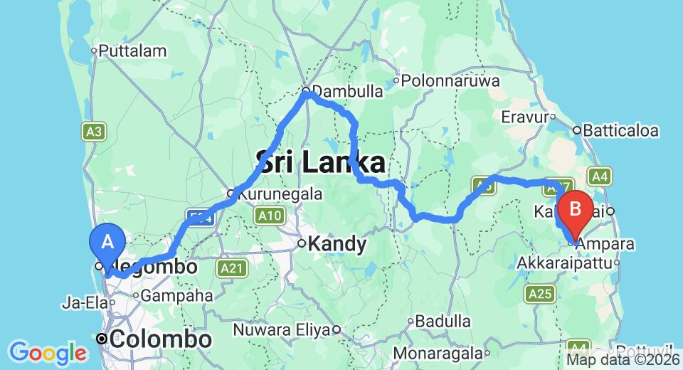 Driving route map: Colombo Airport (CMB) to Ariyawan Rest, Ampara (324 km, approx 6 h 29 min private transfer)