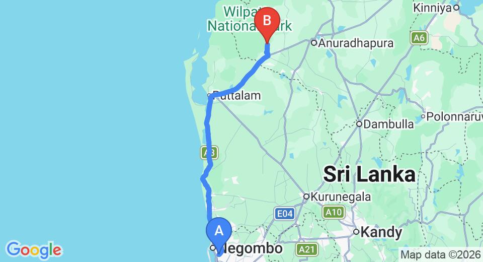 Driving route map: Colombo Airport (CMB) to Dolosmahe Guest House, Wilpattu (156 km, approx 3 h 34 min private transfer)