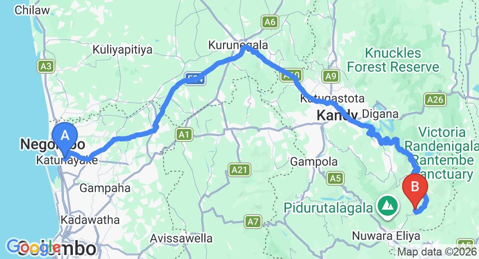 Driving route map: Colombo Airport (CMB) to Transfer between Colombo Airport & Scottish Planter Bungalow, Nuwara Eliya (187 km, approx 5 h 3 min private transfer)
