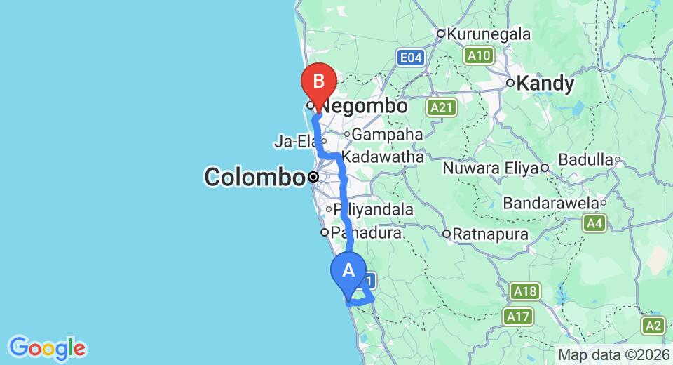 Driving route map: Aluthgama to Colombo Airport (CMB) (104 km, approx 1 h 31 min private transfer)