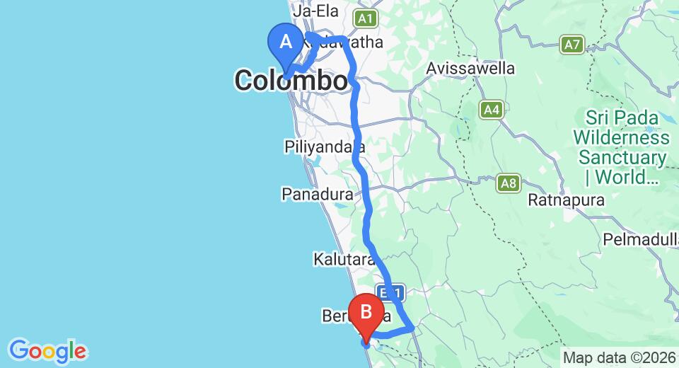 Driving route map: Colombo Seaport to Bentota (102 km, approx 1 h 37 min private transfer)