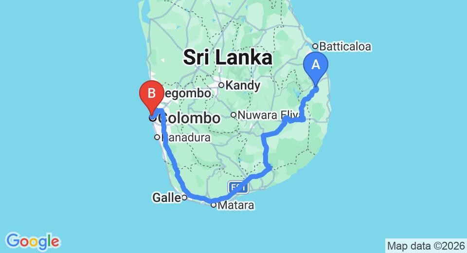 Driving route map: Gal Oya to Colombo Seaport (426 km, approx 6 h 43 min private transfer)