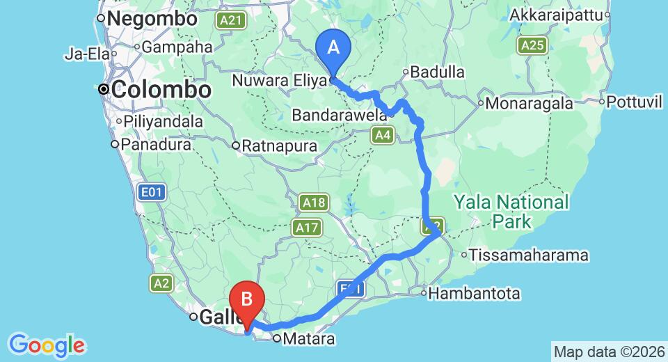 Driving route map: Nuwara Eliya to Weligama (234 km, approx 4 h 51 min private transfer)